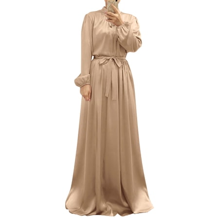 IBTOM CASTLE Women's Muslim Kaftan Abaya Prayer Dress Long Sleeve Self Tie Maxi Dress Middle East Arabian Robe Gown S Champagne