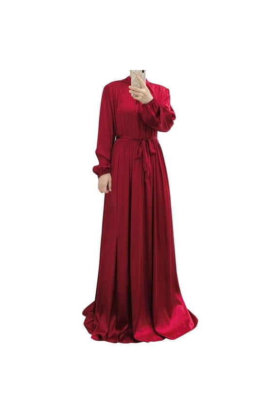 Women's Muslim Kaftan Abaya Prayer Dress Long Sleeve Self Tie Maxi Dress Middle East Arabian Robe Gown XL Red