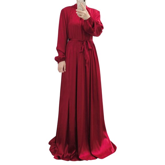 IBTOM CASTLE Women's Muslim Kaftan Abaya Prayer Dress Long Sleeve Self Tie Maxi Dress Middle East Arabian Robe Gown XXL Red