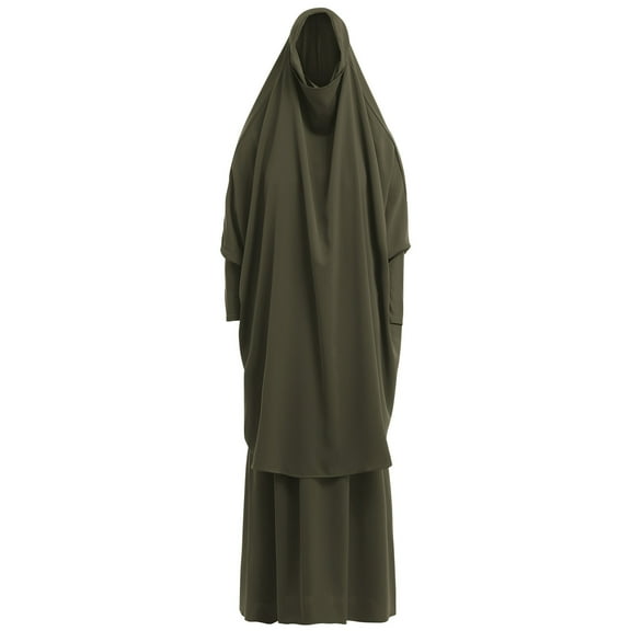 IBTOM CASTLE Women's Muslim Prayer Dress Hijab Scarf Prayer Abaya Maxi Islamic Modest Cardi Robe Army Green