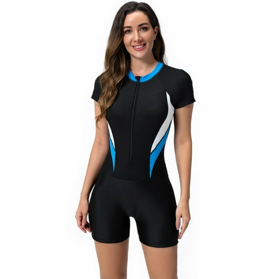 IBTOM CASTLE Women's One Piece Rash Guard Swimsuit UV Protection Floral Printed Surfing Zipper Swimwear Bathing Suit Beachwear M Black   Blue White