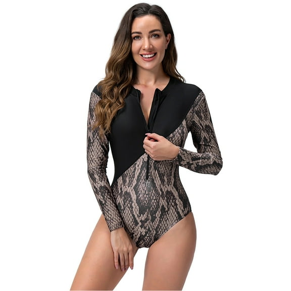 IBTOM CASTLE Women's One Piece Rash Guard Swimsuit UV Protection Floral Printed Surfing Zipper Swimwear Bathing Suit Beachwear M Black   Leopard