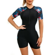 IBTOM CASTLE Womens One Piece Rash Guard Swimsuit UV Protection Floral Printed Surfing Zipper Swimwear Bathing Suit Beachwear M Blue + Red Floral
