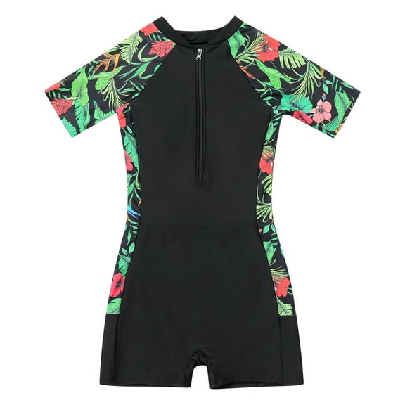 IBTOM CASTLE Women's One Piece Rash Guard Swimsuit UV Protection Floral Printed Surfing Zipper Swimwear Bathing Suit Beachwear M Green Leaves