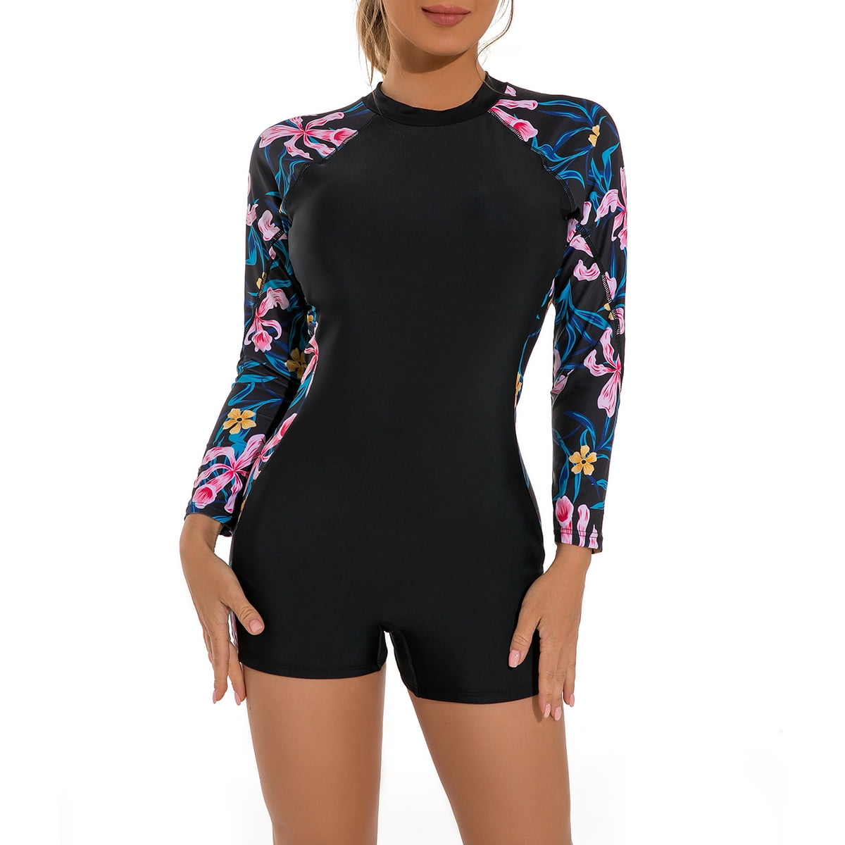 Lu's Chic Women's Long Sleeve One-Piece Rash Guard Swimsuit - Half Zip, Modest & Slimming Surf Bathing Suit