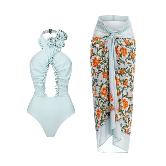 IBTOM CASTLE Women's One Piece Swimsuit with Beach Cover up Wrap Skirt Sarong Halter Floral Print Bikini Set Two Piece Bathing Suit S Light Blue - Halter