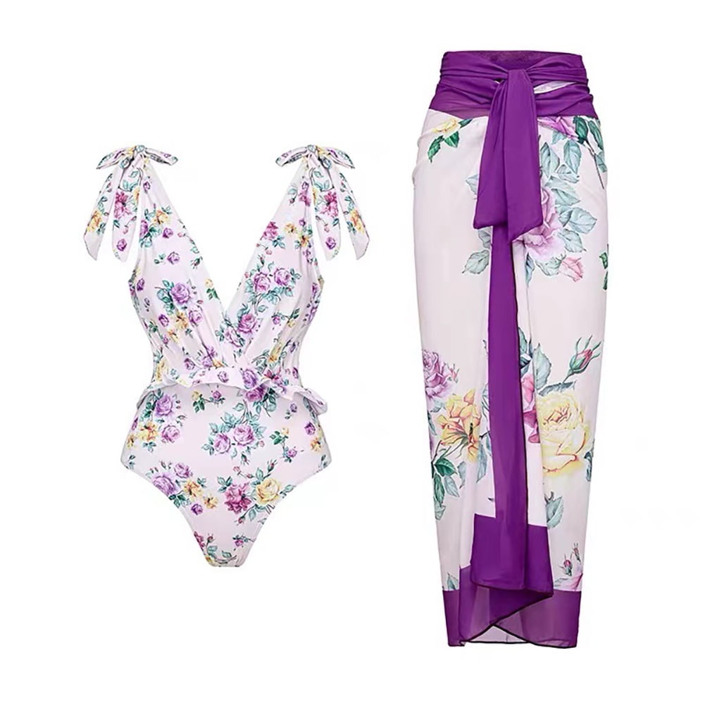 IBTOM CASTLE Women's One Piece Swimsuit with Beach Cover up Wrap Skirt  Sarong Retro Floral Print Bikini Set Two Piece Bathing Suit M White +  Purple