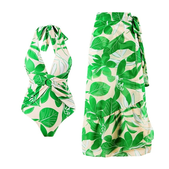 IBTOM CASTLE Women's One Piece Swimsuit with Beach Cover up Wrap Skirt Sarong Retro Floral Print Bikini Set Two Piece Bathing Suit S Green Leaves - Halter