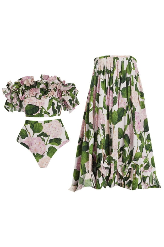 Women's One Piece Swimsuit with Beach Cover up Wrap Skirt Sarong Retro Floral Print Bikini Set Two Piece Bathing Suit S Green + Pink Floral