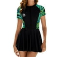 thumbnail image 1 of IBTOM CASTLE Women's One Piece Swimsuit Rash Guard Zipper Short Sleeve Swim Dress with Shorts Modest Bathing Suit Athletic Swimwear S Black + Green Leaves, 1 of 5