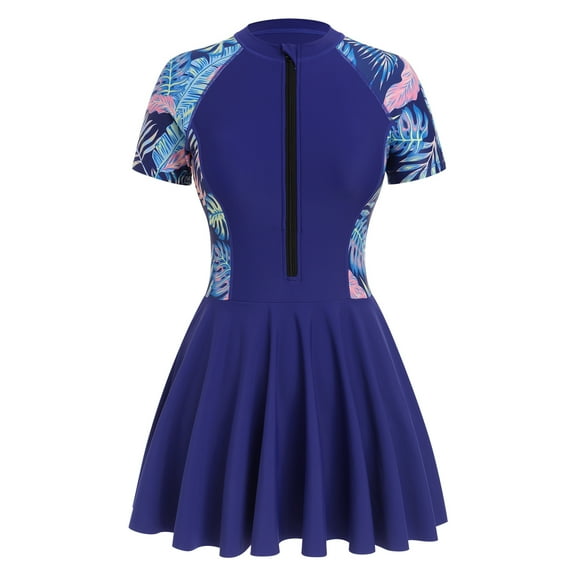 IBTOM CASTLE Women's One Piece Swimsuit Rash Guard Zipper Short Sleeve Swim Dress with Shorts Modest Bathing Suit Athletic Swimwear L Navy Blue