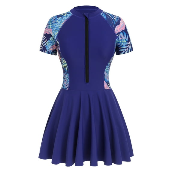 IBTOM CASTLE Women's One Piece Swimsuit Rash Guard Zipper Short Sleeve Swim Dress with Shorts Modest Bathing Suit Athletic Swimwear M Navy Blue