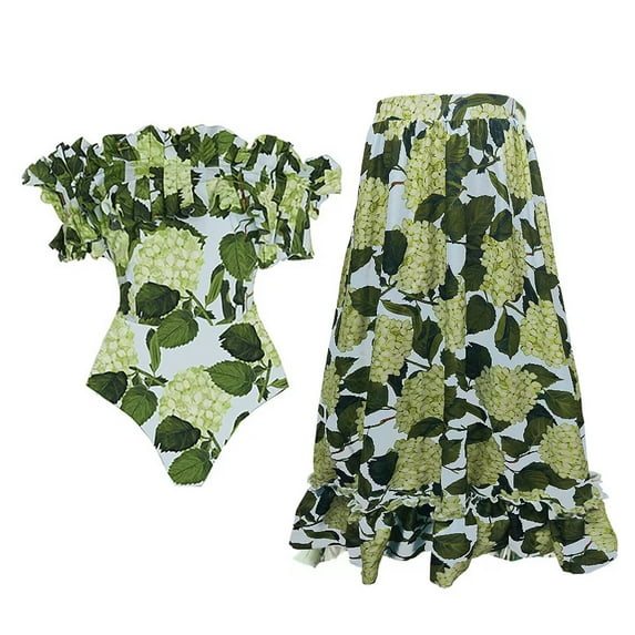 IBTOM CASTLE Women's One Piece Swimsuit with Beach Cover up Wrap Skirt Sarong Retro Floral Print Bikini Set Two Piece Bathing Suit S Green Hydrangea