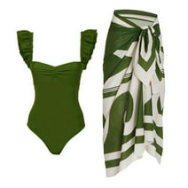 IBTOM CASTLE Women's One Piece Swimsuit with Beach Cover up Wrap Skirt Sarong Retro Floral Print Bikini Set Two Piece Bathing Suits M Dark Green 2pcs