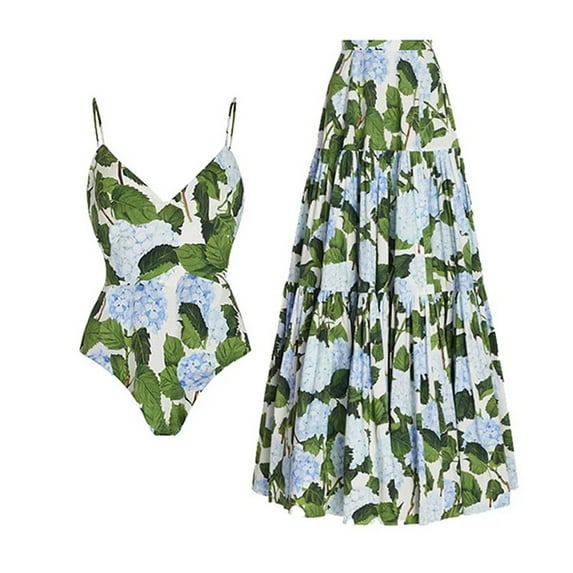 IBTOM CASTLE Women's One Piece Swimsuit with Beach Cover up Wrap Skirt Sarong Retro Floral Print Bikini Set Two Piece Bathing Suits S Green Leaves