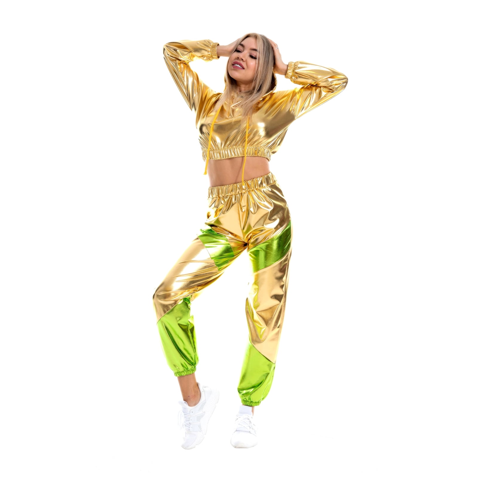 IBTOM CASTLE Women's Rave Outfit Shiny Crop Top Hoodie Casual Long Pants Hooded Workout Sweatshirt Dance Clubwear XL Gold