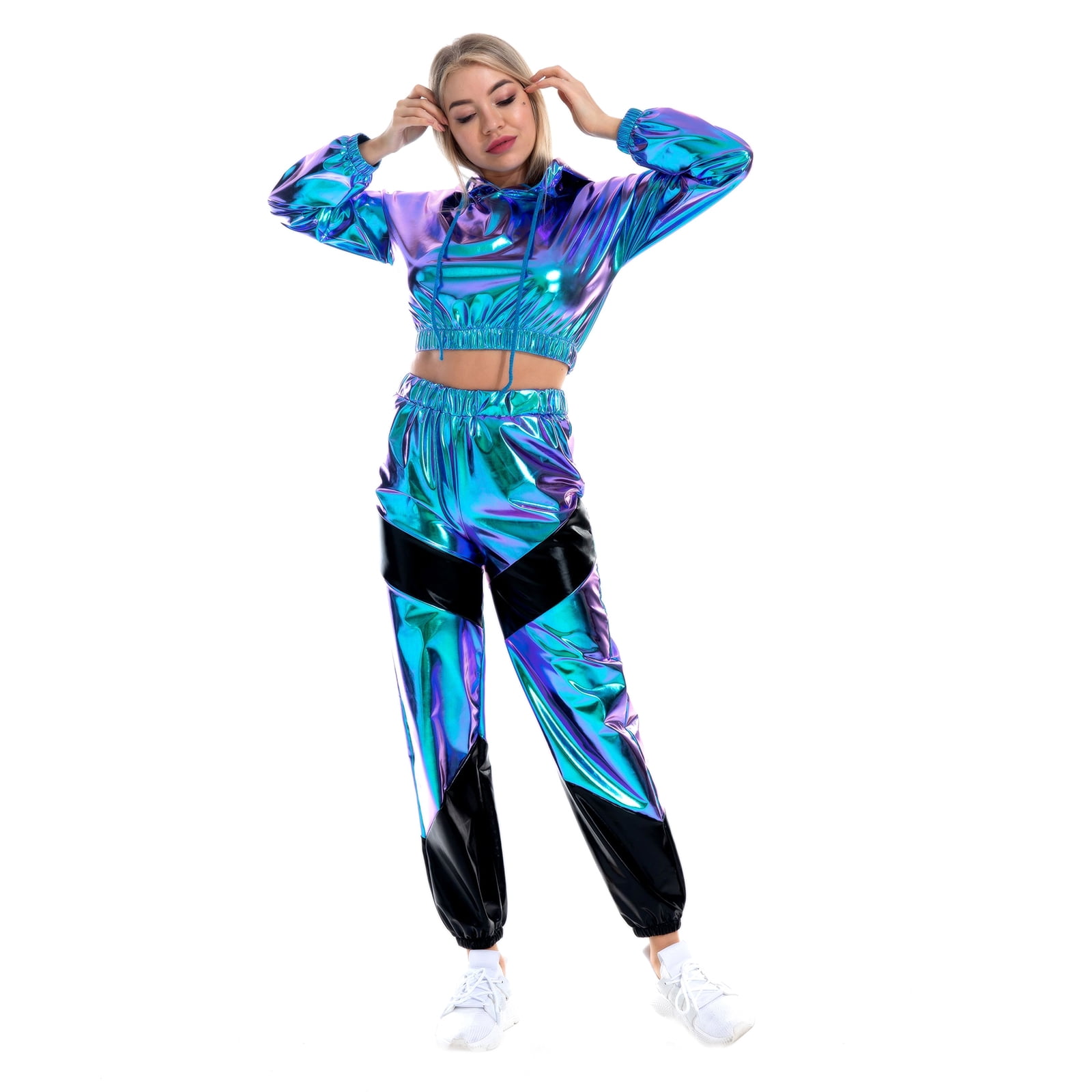 IBTOM CASTLE Women's Rave Outfit Shiny Crop Top Hoodie Casual Long Pants Hooded Workout Sweatshirt Dance Clubwear XL Holographic Blue