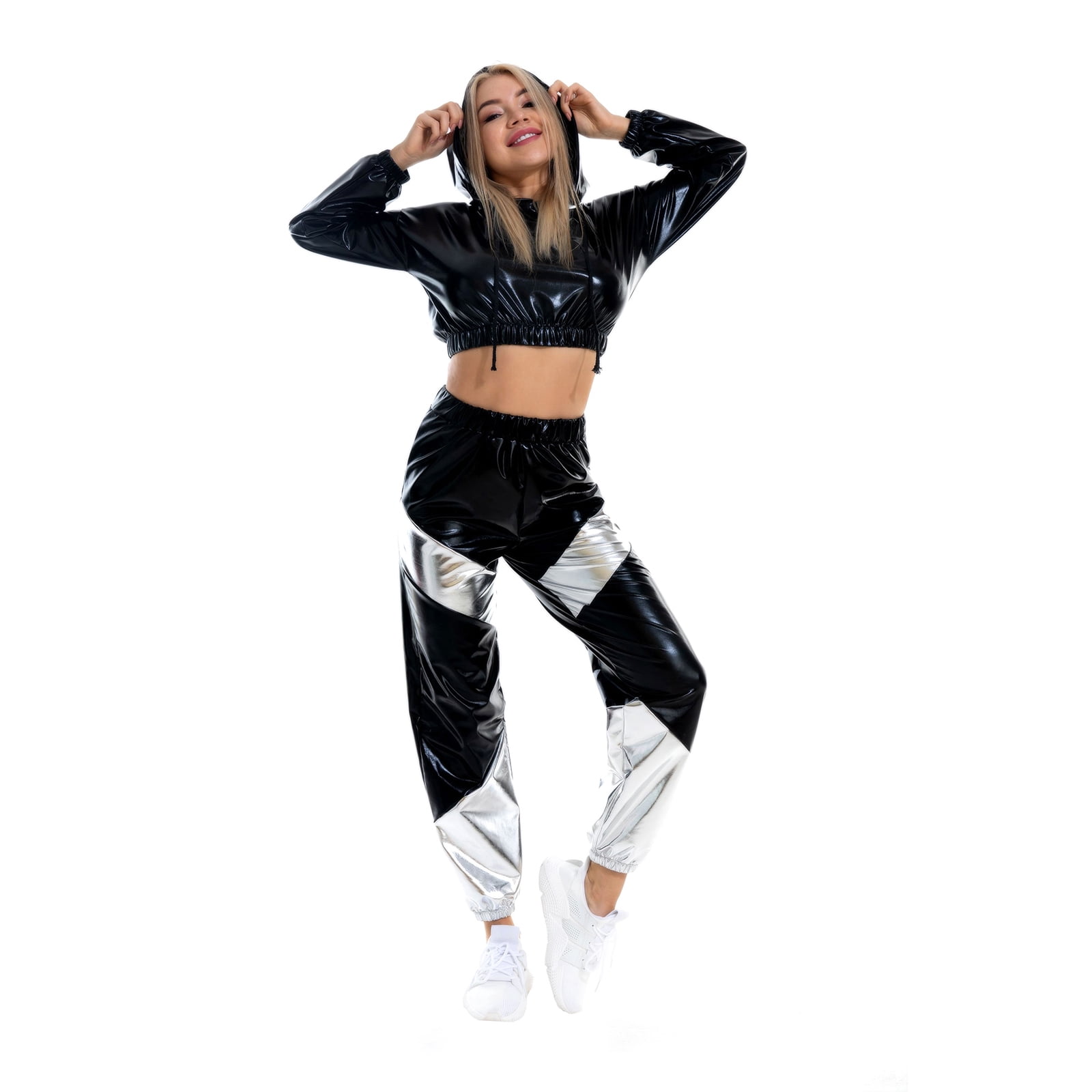 IBTOM CASTLE Women's Rave Outfit Shiny Crop Top Hoodie Casual Long Pants Hooded Workout Sweatshirt Dance Clubwear XXL Black
