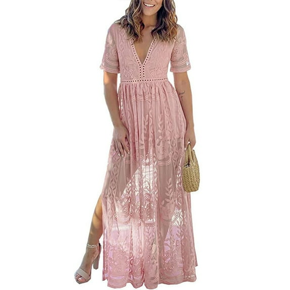 IBTOM CASTLE Women's Sexy Deep V Neck Boho Dress Lace Floral Ruffle Wedding Bridesmaid Cocktail Party Long Maxi Dress L Pink-1