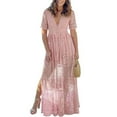 thumbnail image 1 of IBTOM CASTLE Women's Sexy Deep V Neck Boho Dress Lace Floral Ruffle Wedding Bridesmaid Cocktail Party Long Maxi Dress XL Pink-1, 1 of 4