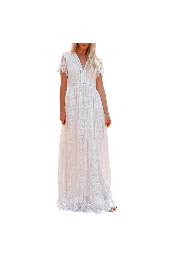 Women's Sexy Deep V Neck Boho Dress Lace Floral Ruffle Wedding Bridesmaid Cocktail Party Long Maxi Dress XL White-4
