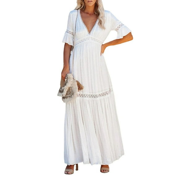 IBTOM CASTLE Women's Sexy Deep V Neck Boho Dress Lace Floral Ruffle Wedding Bridesmaid Cocktail Party Long Maxi Dress XL White-5