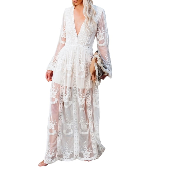 IBTOM CASTLE Women's Sexy Deep V Neck Boho Dress Lace Floral Ruffle Wedding Bridesmaid Cocktail Party Long Maxi Dress XXL White-1
