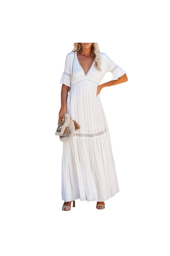 Women's Sexy Deep V Neck Boho Dress Lace Floral Ruffle Wedding Bridesmaid Cocktail Party Long Maxi Dress XXL White-5
