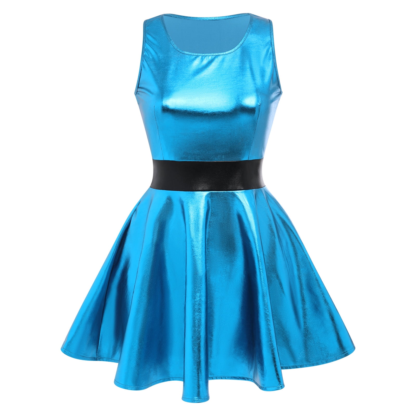 IBTOM CASTLE Women's Shiny Metallic Dress Sexy Sleeveless Mini Skater Dress Holographic Party Rave Dance Clubwear Anime Cosplay Halloween Clothes L Blue