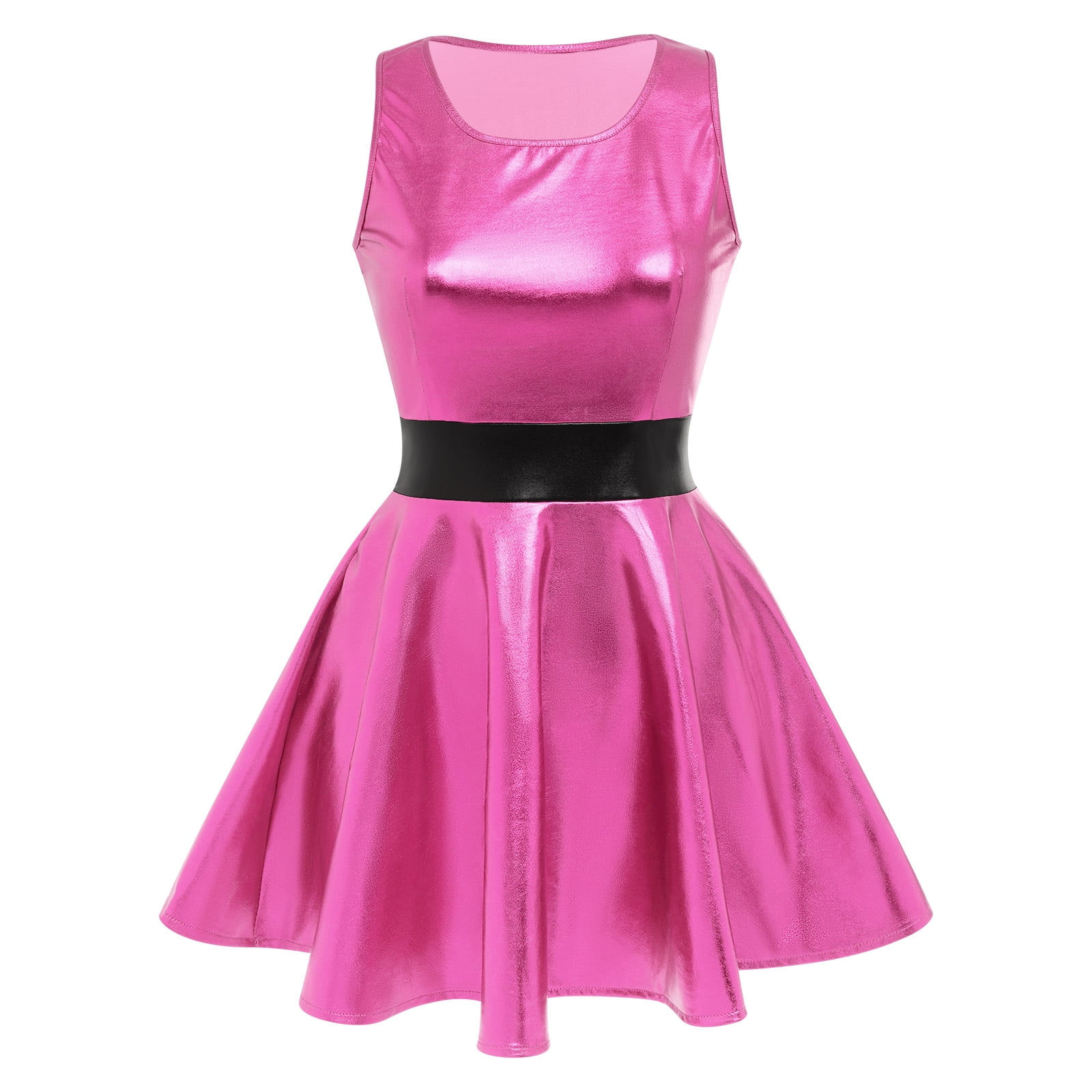IBTOM CASTLE Women's Shiny Metallic Dress Sexy Sleeveless Mini Skater Dress Holographic Party Rave Dance Clubwear Anime Cosplay Halloween Clothes L Hot Pink