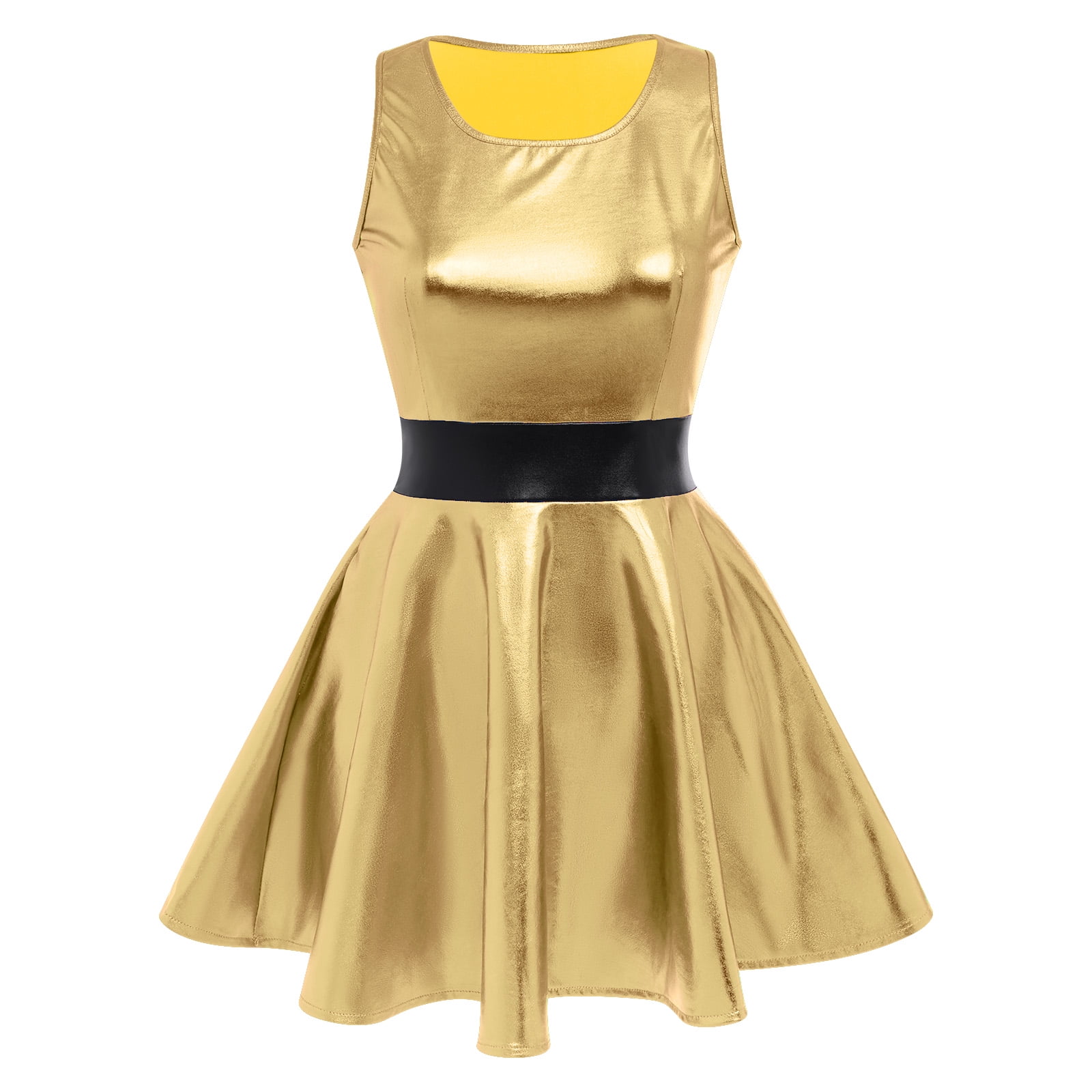 IBTOM CASTLE Women's Shiny Metallic Dress Sexy Sleeveless Mini Skater Dress Holographic Party Rave Dance Clubwear Anime Cosplay Halloween Clothes XL Gold