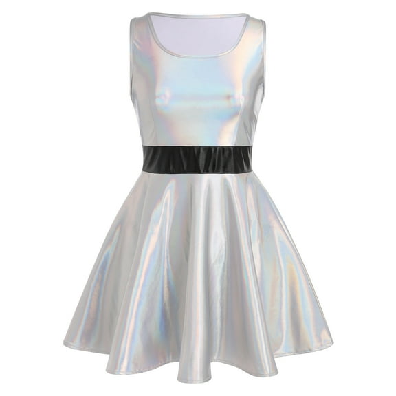 IBTOM CASTLE Women's Shiny Metallic Dress Sexy Sleeveless Mini Skater Dress Holographic Party Rave Dance Clubwear Anime Cosplay Halloween Clothes XXL Silver