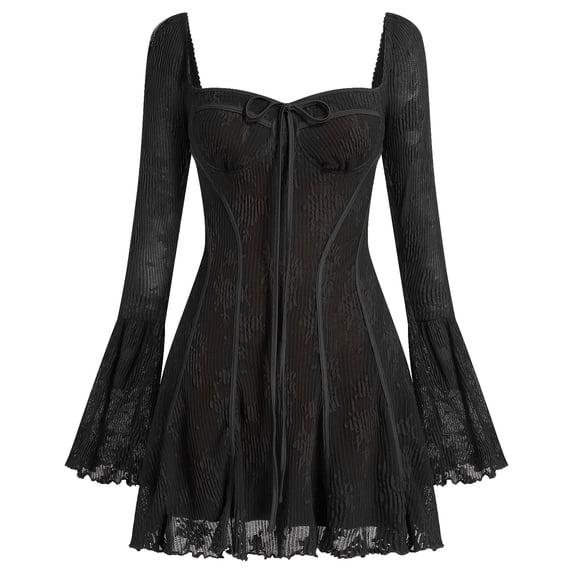 IBTOM CASTLE Women's Short Corset Y2k Mini Dress Long Sleeve Low Cut Lace Dress Vintage Solid Floral Party Dresses M Black