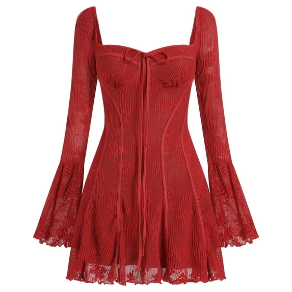IBTOM CASTLE Women's Short Corset Y2k Mini Dress Long Sleeve Low Cut Lace Dress Vintage Solid Floral Party Dresses Red