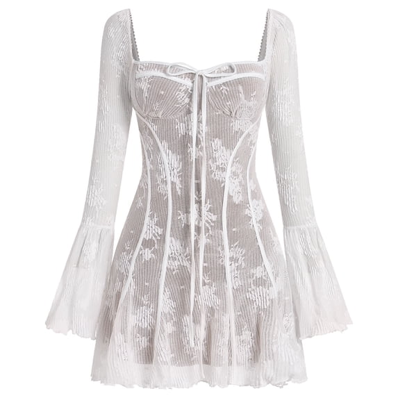 IBTOM CASTLE Women's Short Corset Y2k Mini Dress Long Sleeve Low Cut Lace Dress Vintage Solid Floral Party Dresses White