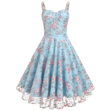 IBTOM CASTLE Women's Spaghetti Strap Floral Embroidery Mesh Swing Dress Bridesmaid Cocktail Party Wedding Guest Prom Dresses M Blue