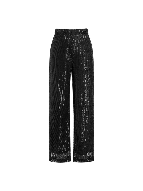 Women’s Sparkly Sequins Wide Leg Pants High Waist Shiny Flare Trousers Disco Rave Party Pants L Black