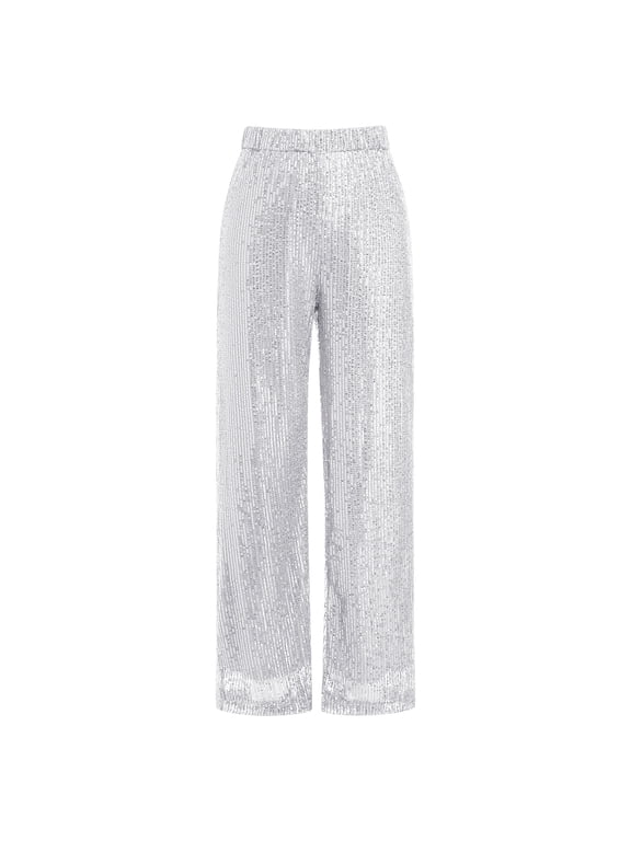 Women’s Sparkly Sequins Wide Leg Pants High Waist Shiny Flare Trousers Disco Rave Party Pants S Silver