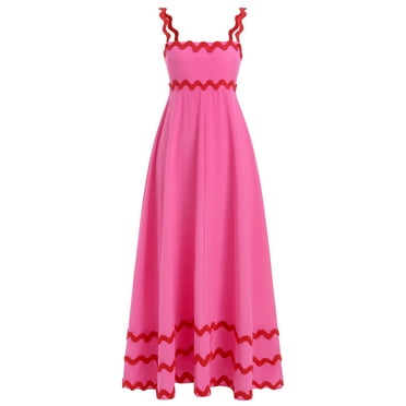 IBTOM CASTLE Women's Summer Casual Dress Spaghetti Long Maxi Sundress Elegant Empire Waist Beach Trendy Weeding Guest Dress M Hot Pink