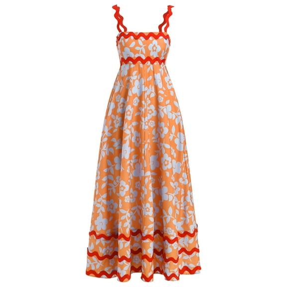 IBTOM CASTLE Women's Summer Casual Dress Spaghetti Long Maxi Sundress Elegant Empire Waist Beach Trendy Weeding Guest Dress M Orange Floral Print