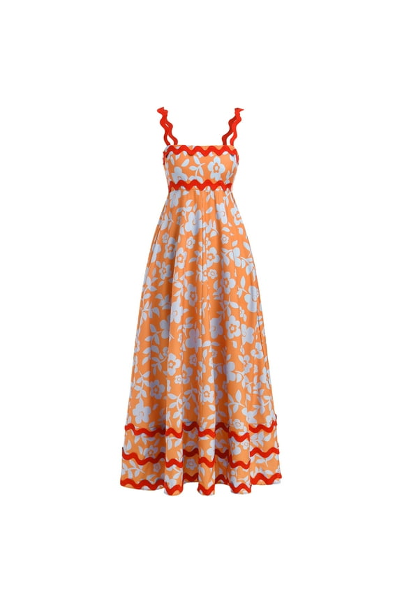 Women's Summer Casual Dress Spaghetti Long Maxi Sundress Elegant Empire Waist Beach Trendy Weeding Guest Dress M Orange Floral Print