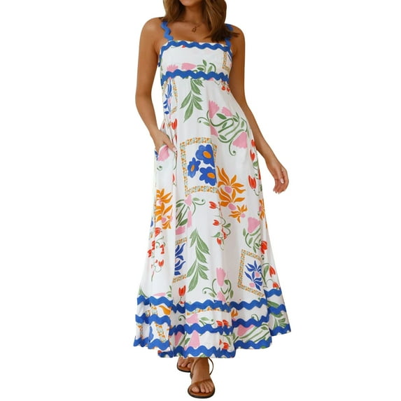 IBTOM CASTLE Women's Summer Casual Dress Spaghetti Long Maxi Sundress Elegant Empire Waist Beach Trendy Weeding Guest Dress M White Flower Print