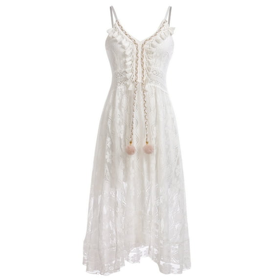 IBTOM CASTLE Women's Summer Slip Boho Maxi Dress Lace Up Tassel V Neck Flare Wedding Beach Dresses Holiday Outfit Photo Shoot 3XL White Pom Pom