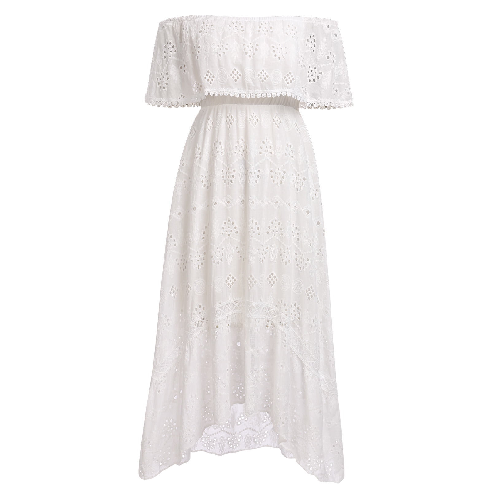 boho off shoulder white lace women summer dress Boho Women Casual Summer Lace Off Shoulder Dress V Neck Short Sleeve Beach Swing Fashion Slim Lace Up Midi Dress Flowy Comfortable Stylish