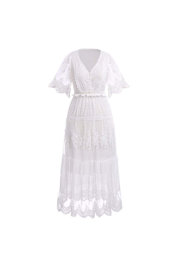 Women's Summer Slip Boho Maxi Dress Lace Up Tassel V Neck Flare Wedding Beach Dresses Holiday Outfit Photo Shoot XL White Lace