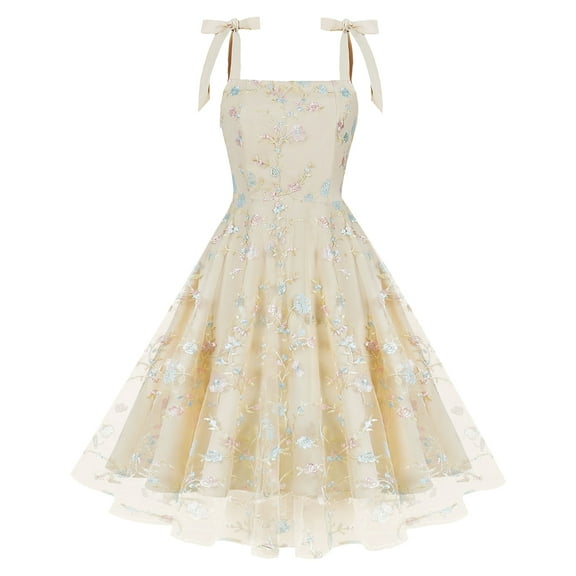 IBTOM CASTLE Women's Tie Strap Tulle Prom Dress Sweetheart Flower Embroidery Formal Party Mini Homecoming Dresses L Apricot