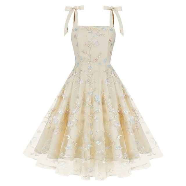 IBTOM CASTLE Women's Tie Strap Tulle Prom Dress Sweetheart Flower Embroidery Formal Party Mini Homecoming Dresses S Apricot