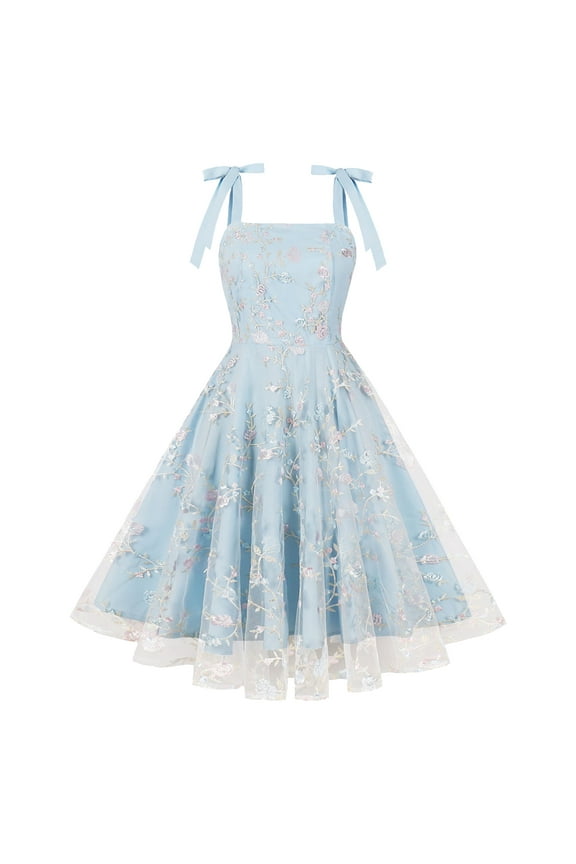 Women's Tie Strap Tulle Prom Dress Sweetheart Flower Embroidery Formal Party Mini Homecoming Dresses XXL Blue