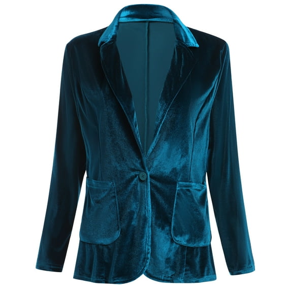 IBTOM CASTLE Women's Velvet Blazer Jacket Long Sleeve Lapel Open Front Cardigan Coat Casual Office Blazer Jacket Suits with Pockets L Peacock Blue