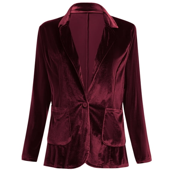 IBTOM CASTLE Women's Velvet Blazer Jacket Long Sleeve Lapel Open Front Cardigan Coat Casual Office Blazer Jacket Suits with Pockets S Wine Red